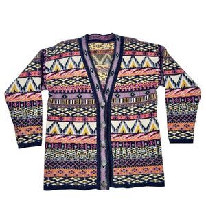 Vintage Knit Cardigan Fair Isle Mohair Wool Button Front Pastel V-Neck Sweater L